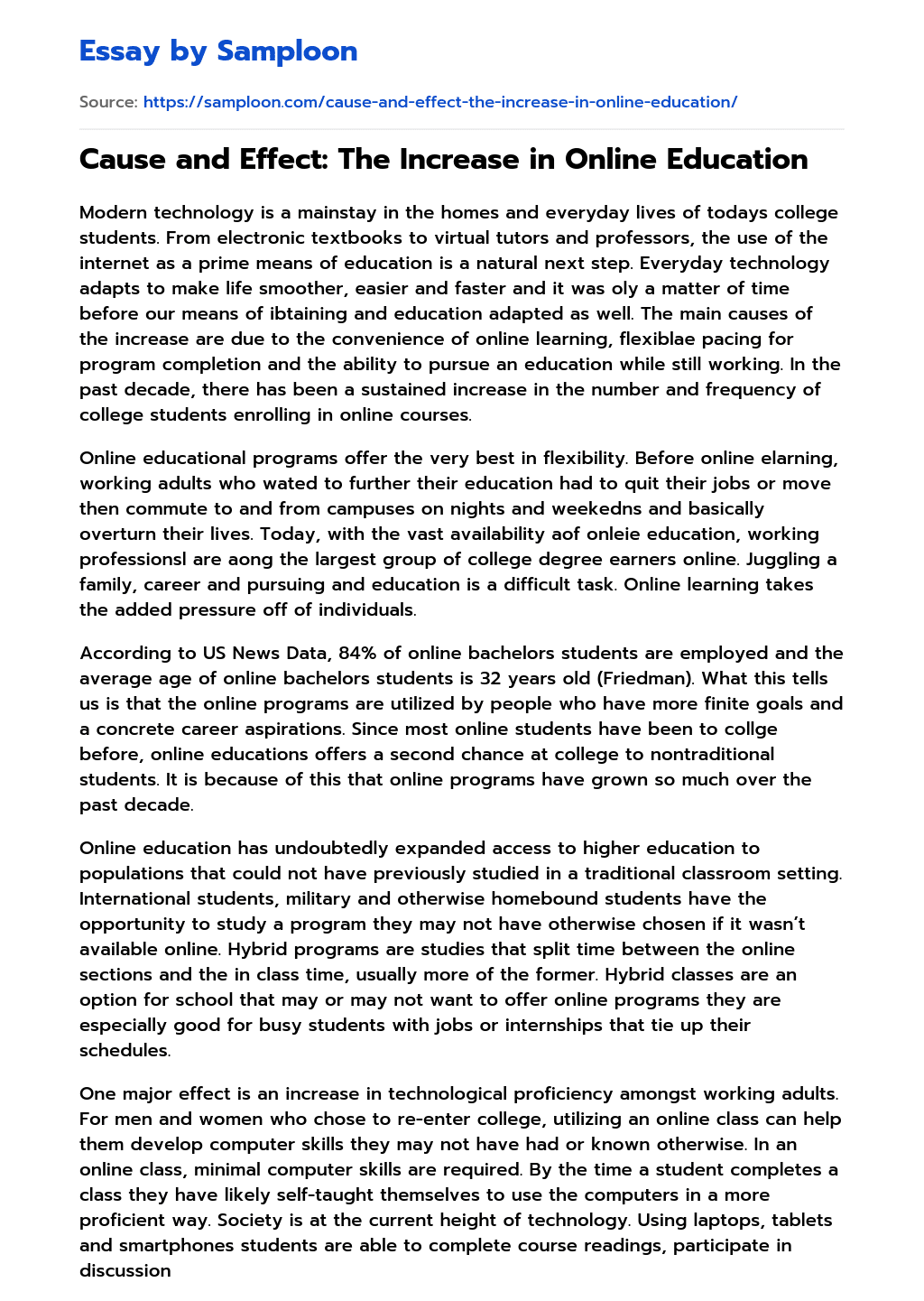 ≫ Cause and Effect The Increase in Online Education Free Essay Sample