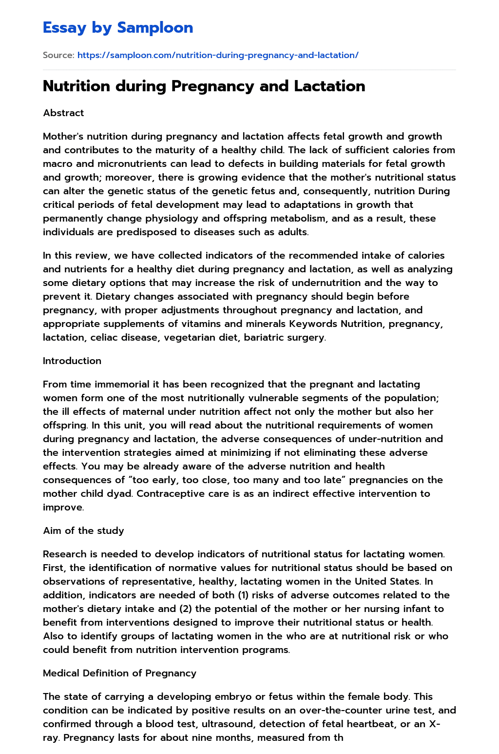 ≫ Nutrition during Pregnancy and Lactation Free Essay Sample on