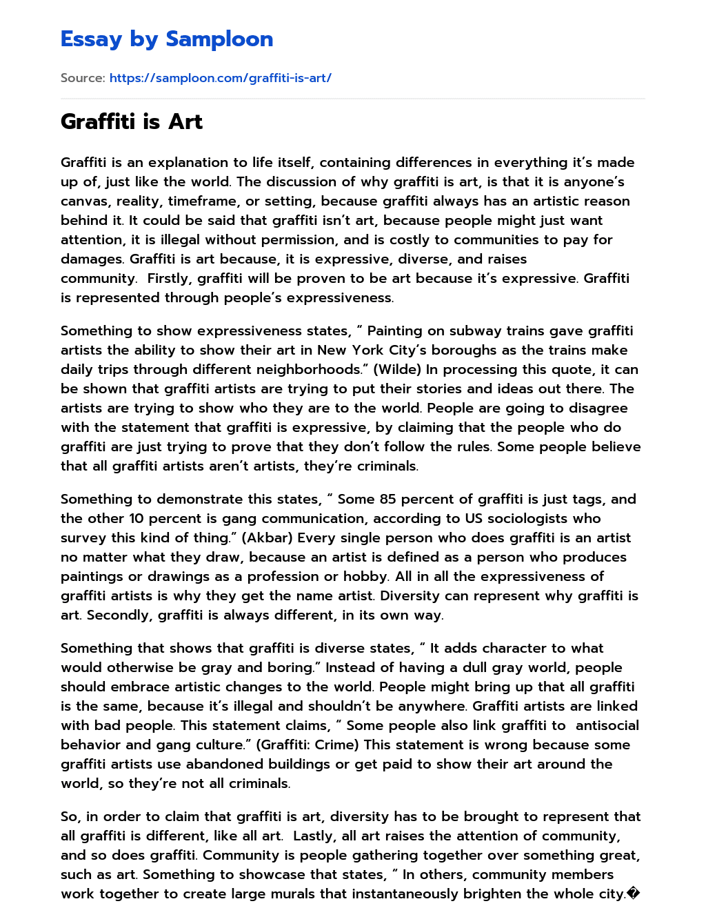 ≫ Graffiti is Art Free Essay Sample on