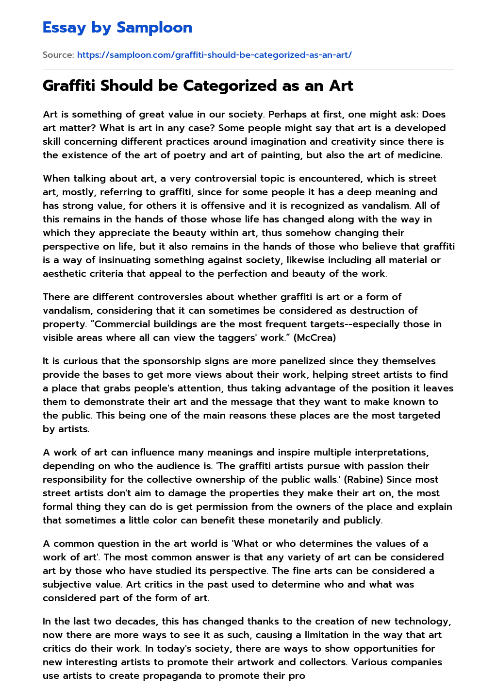 ≫ Graffiti Should be Categorized as an Art Free Essay Sample on