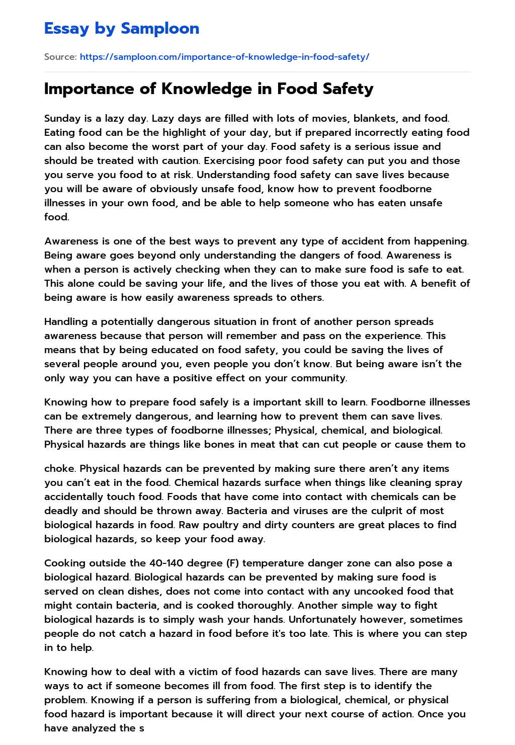 ≫ Importance of Knowledge in Food Safety Free Essay Sample on