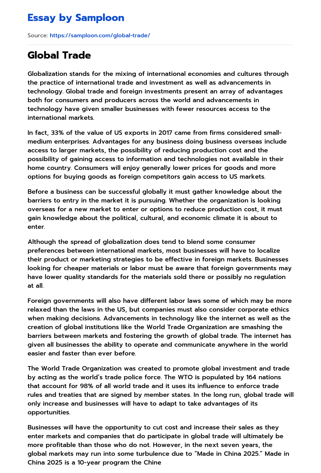 ≫ Global Trade Free Essay Sample on