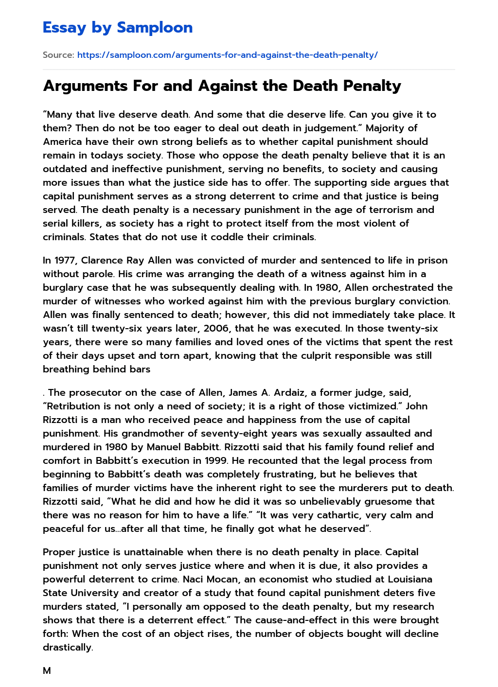 ≫ Arguments For and Against the Death Penalty Free Essay Sample on