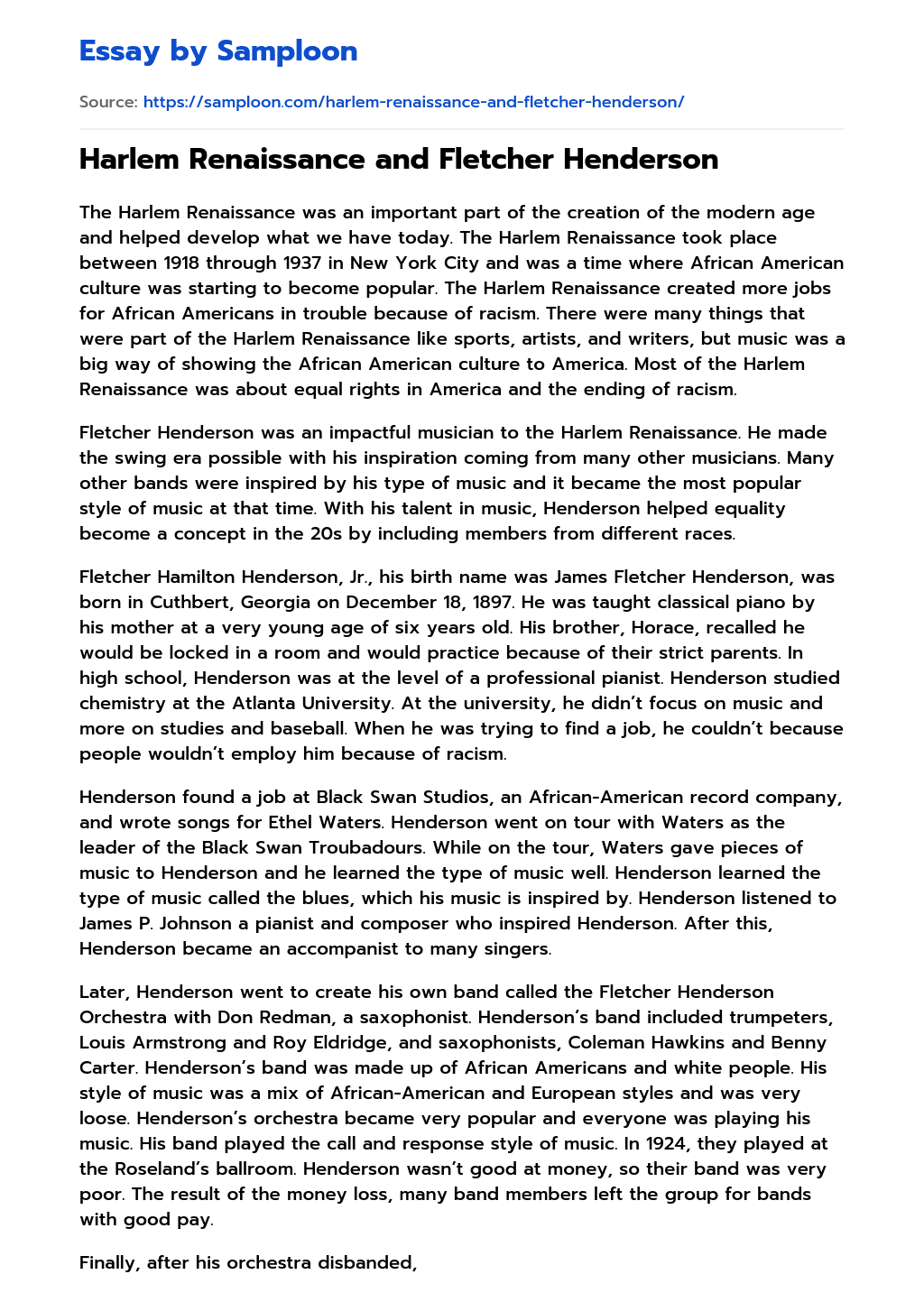 ≫ Harlem Renaissance and Fletcher Henderson Free Essay Sample on