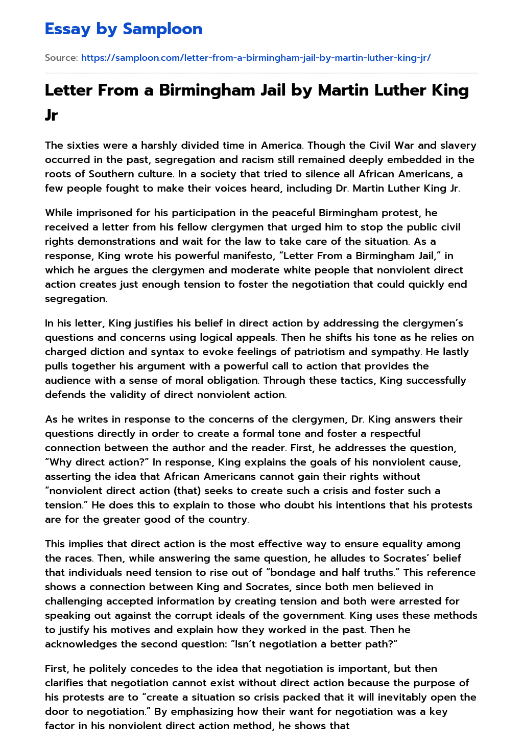 Letter From a Birmingham Jail by Martin Luther King Jr Free Essay