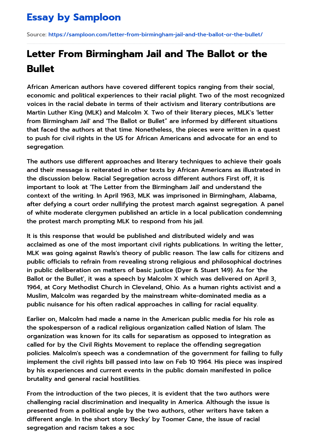 Letter From Birmingham Jail and The Ballot or the Bullet Free Essay