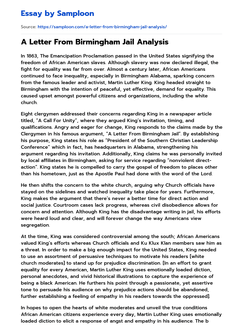 A Letter From Birmingham Jail Analysis Free Essay Sample on