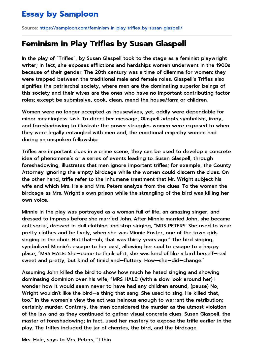 Feminism in Play Trifles by Susan Glaspell Free Essay Sample on