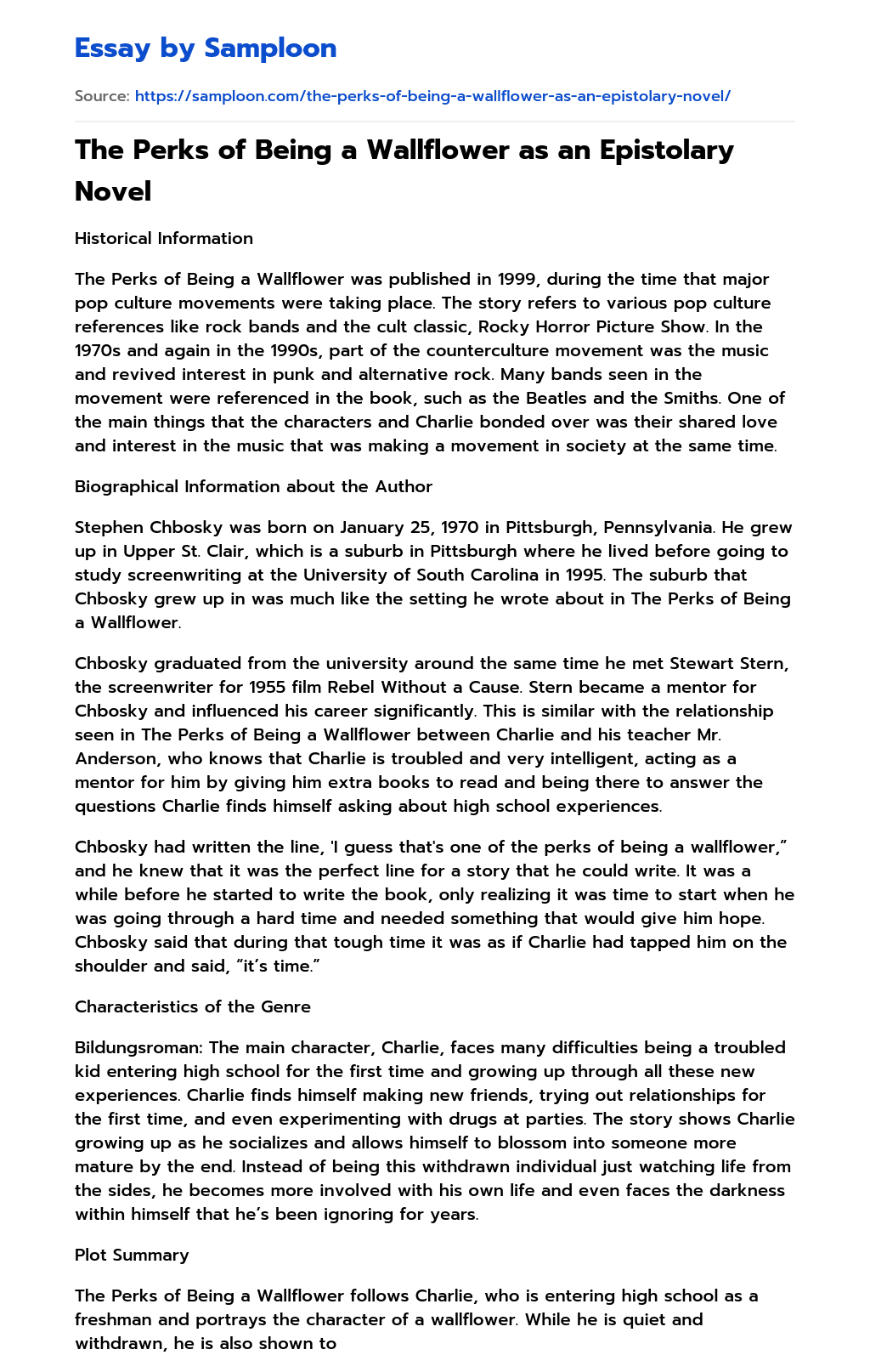 The Perks of Being a Wallflower as an Epistolary Novel Analytical Essay