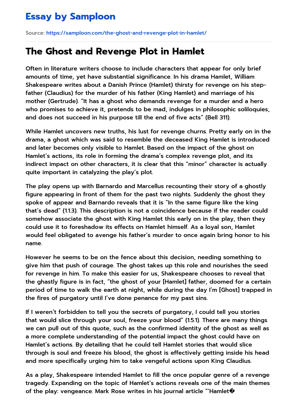 ≫ The Ghost and Revenge Plot in Hamlet Free Essay Sample on