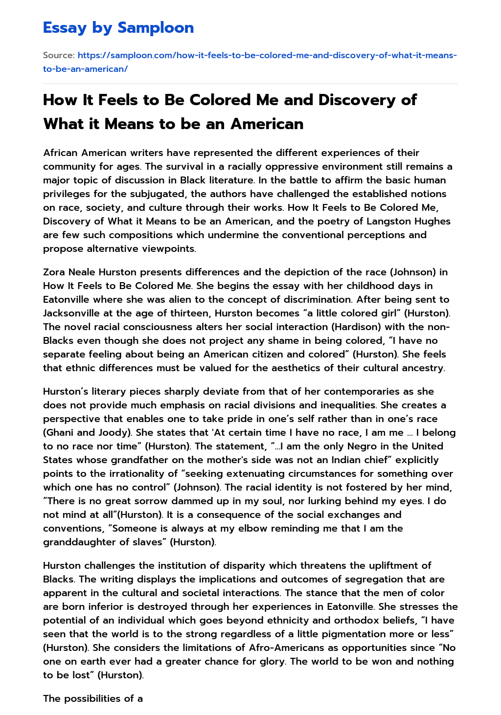 ≫ How It Feels to Be Colored Me and Discovery of What it Means to be an