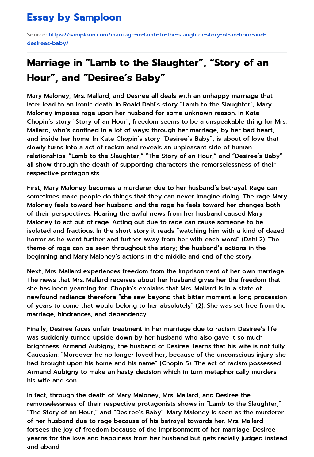 Marriage in “Lamb to the Slaughter”, “Story of an Hour”, and “Desiree’s