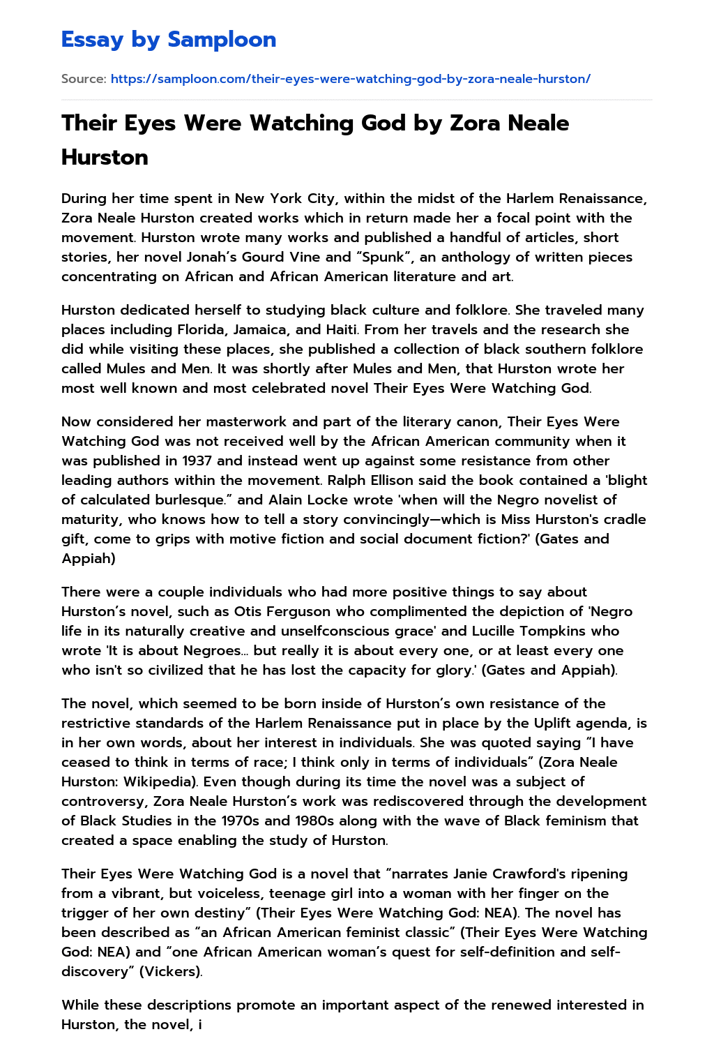 Their Eyes Were Watching God by Zora Neale Hurston Analytical Essay on