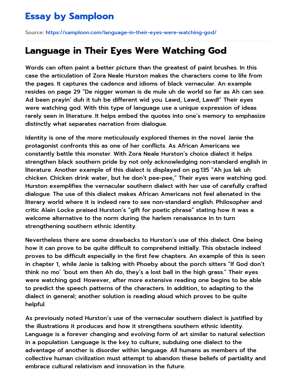 ≫ Language in Their Eyes Were Watching God Free Essay Sample on
