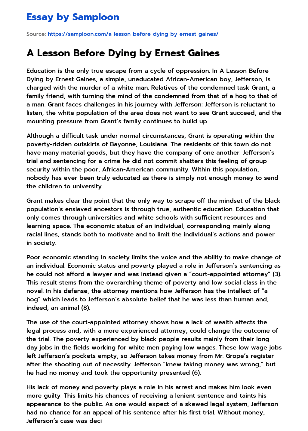 ≫ A Lesson Before Dying by Ernest Gaines Free Essay Sample on Samploon.com