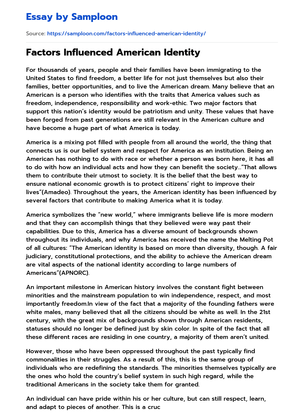 ≫ Factors Influenced American Identity Free Essay Sample on