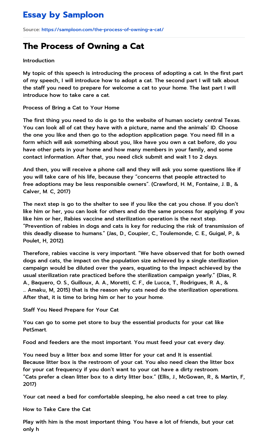 ≫ The Process of Owning a Cat Free Essay Sample on