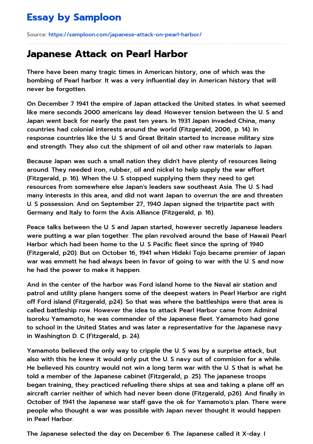 ≫ Japanese Attack on Pearl Harbor Free Essay Sample on