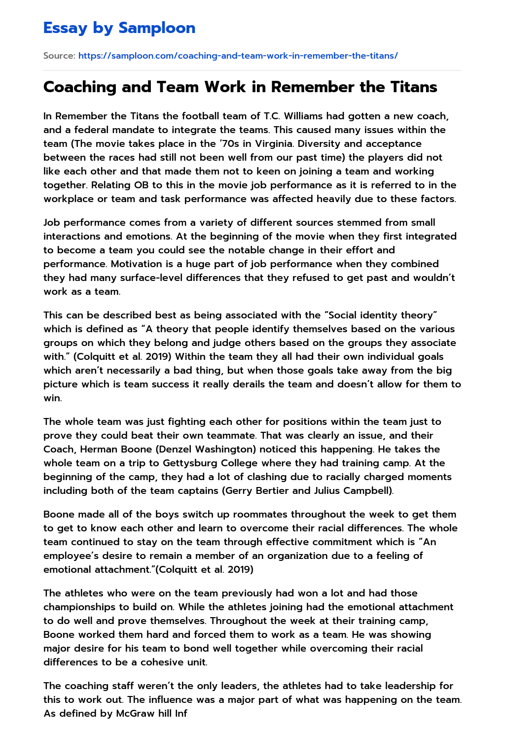 ≫ Coaching and Team Work in Remember the Titans Free Essay Sample on