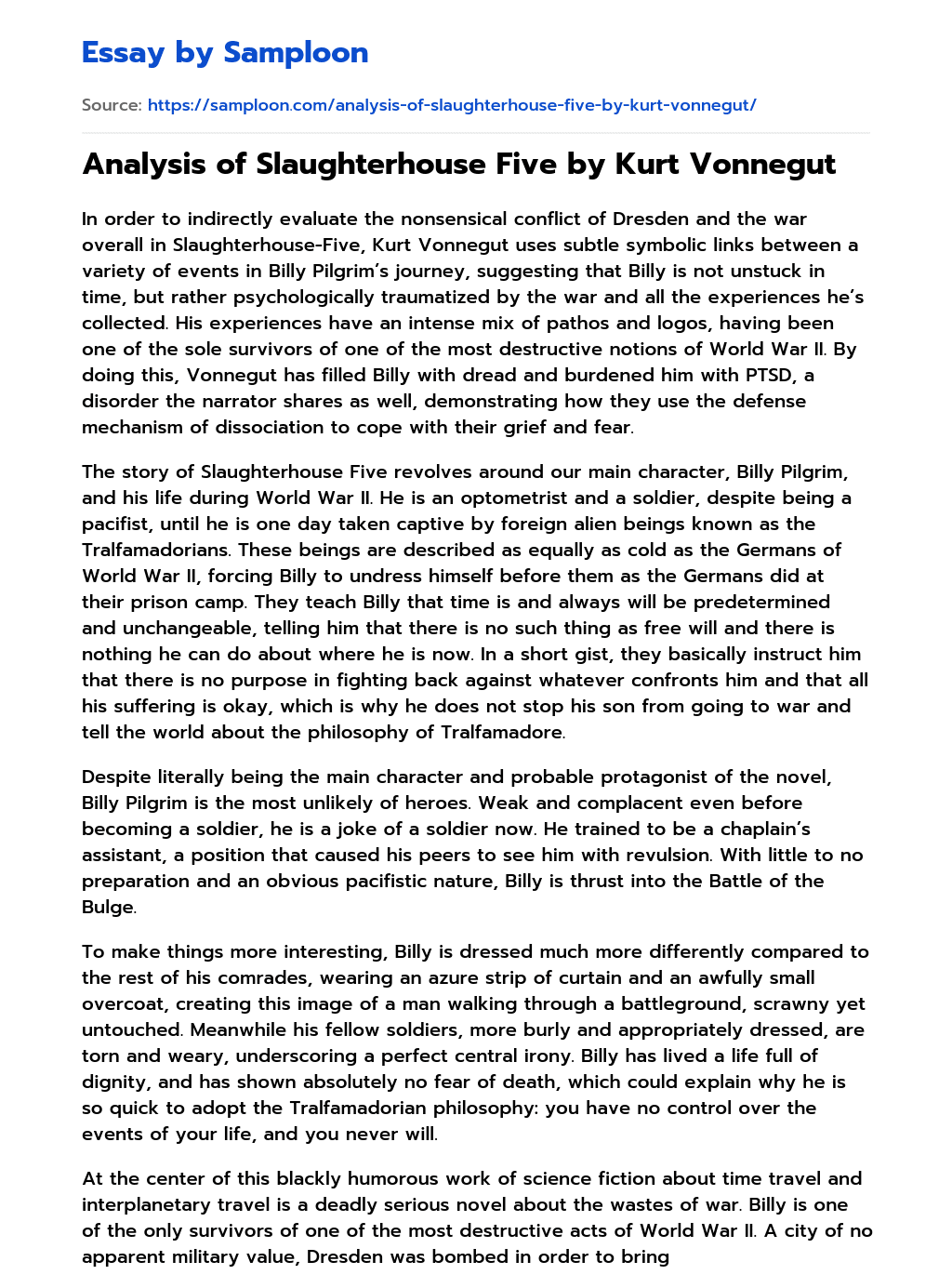 ≫ Analysis of Slaughterhouse Five by Kurt Vonnegut Free Essay Sample on