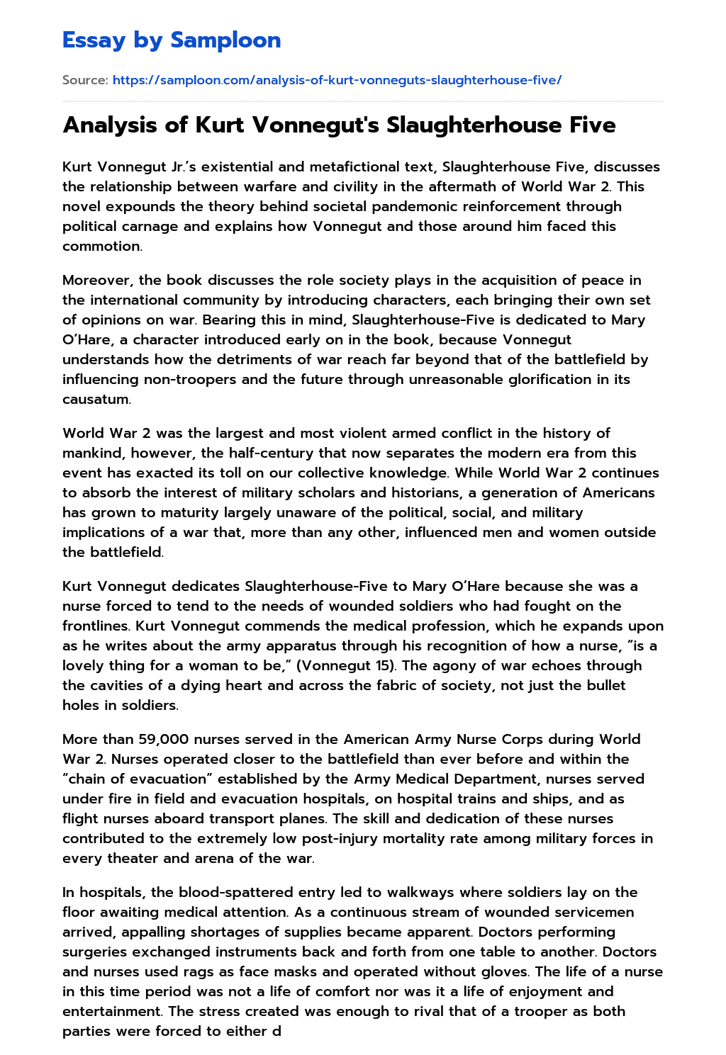 ≫ Analysis of Kurt Vonnegut's Slaughterhouse Five Free Essay Sample on