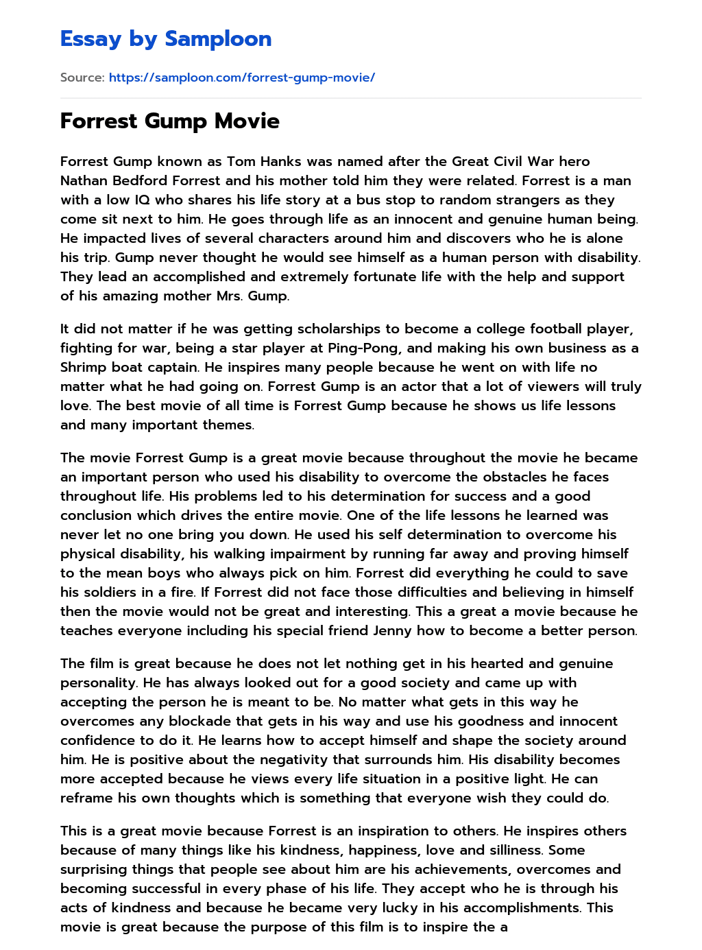 Forrest Gump Movie Free Essay Sample on