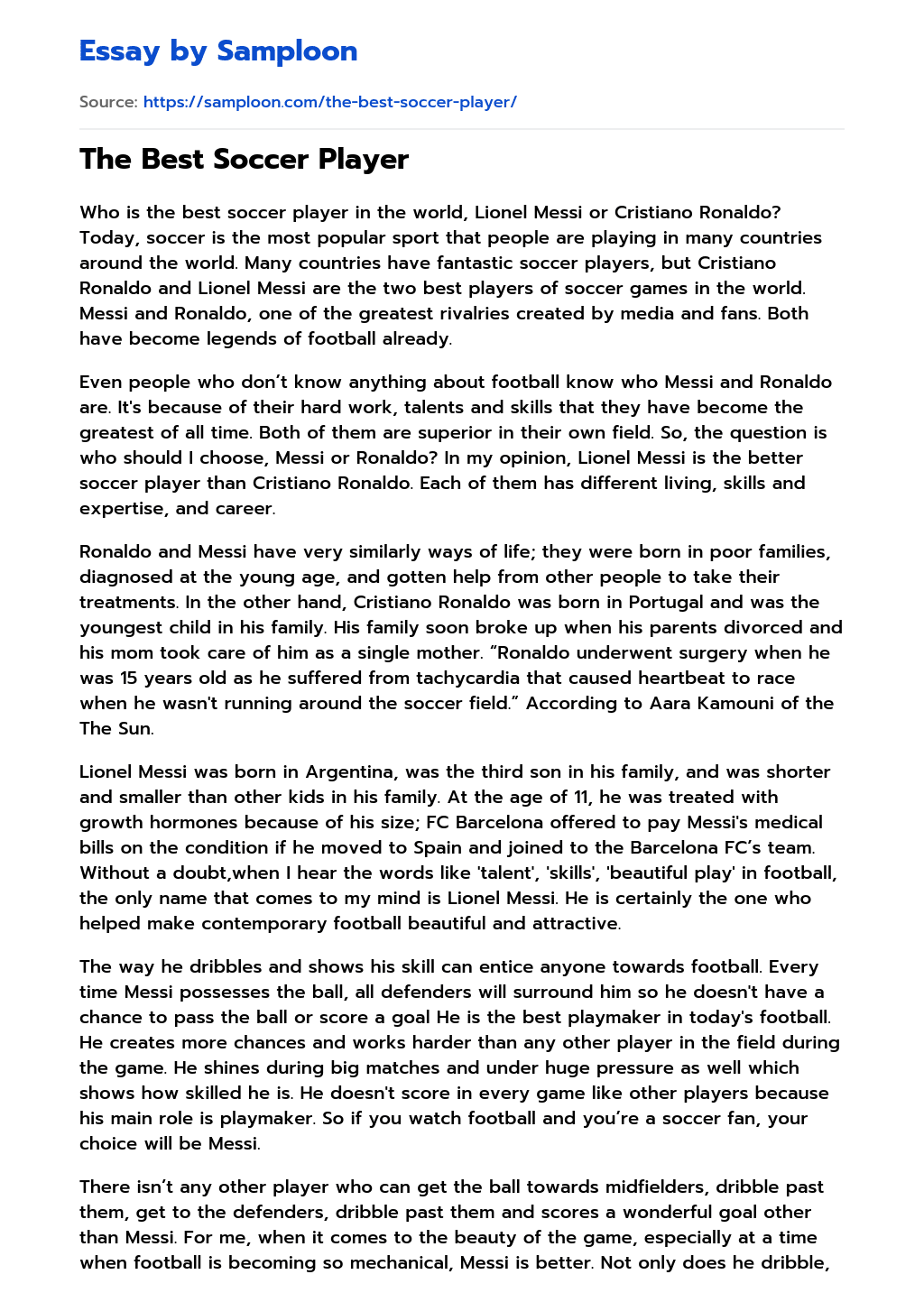 ≫ The Best Soccer Player Free Essay Sample on