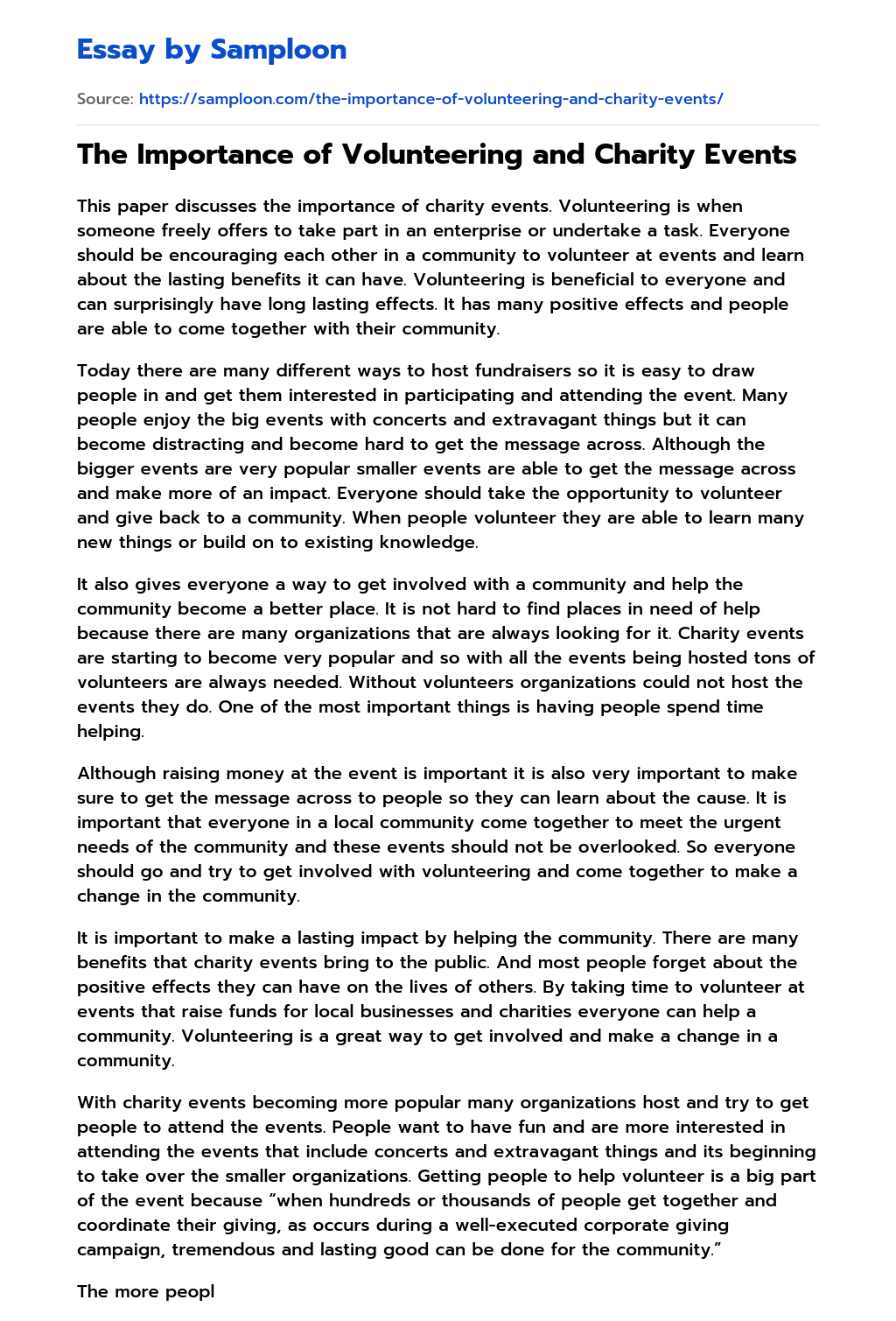 ≫ The Importance of Volunteering and Charity Events Free Essay Sample