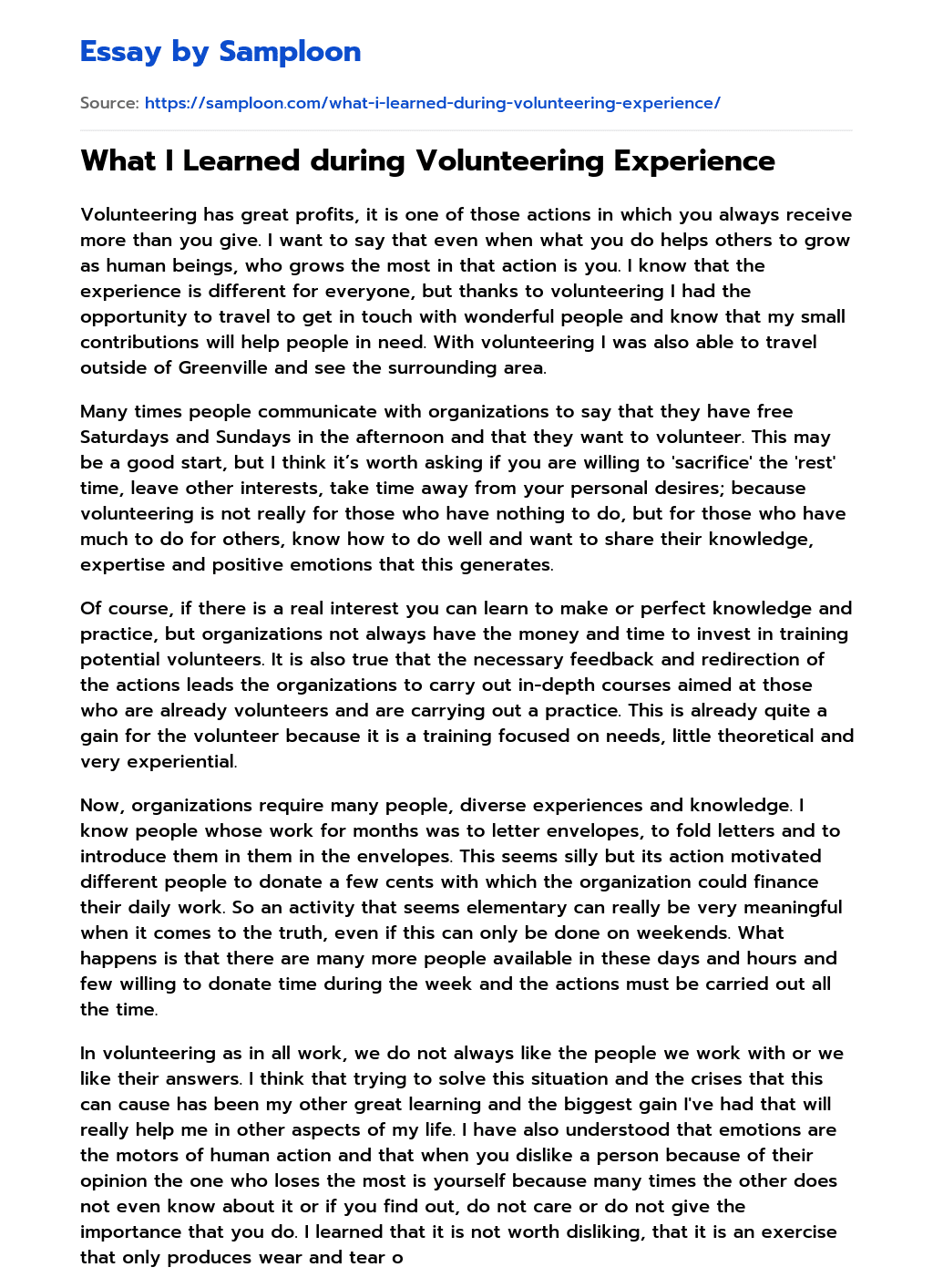 ≫ What I Learned during Volunteering Experience Free Essay Sample on