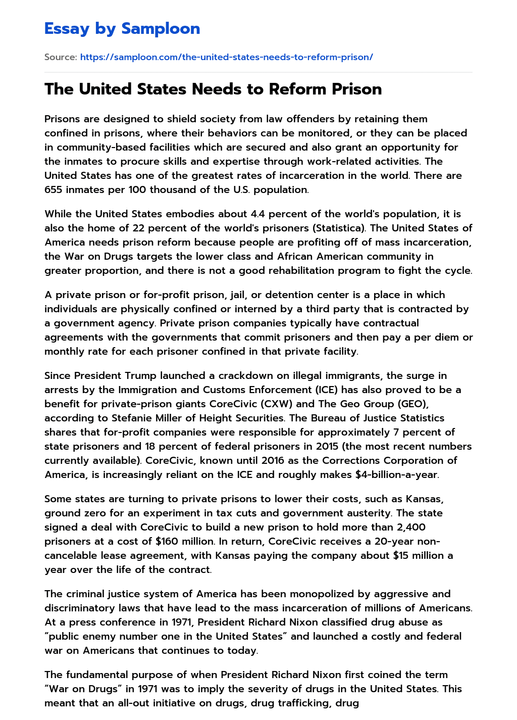 ≫ The United States Needs to Reform Prison Free Essay Sample on