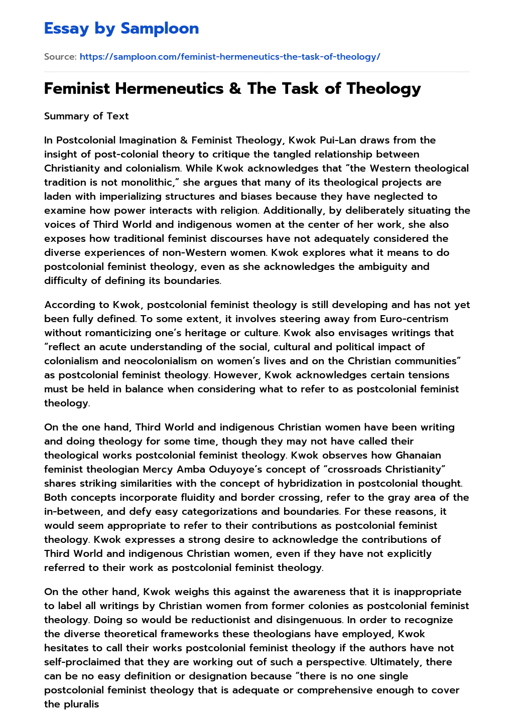 ≫ Feminist Hermeneutics & The Task of Theology Free Essay Sample on