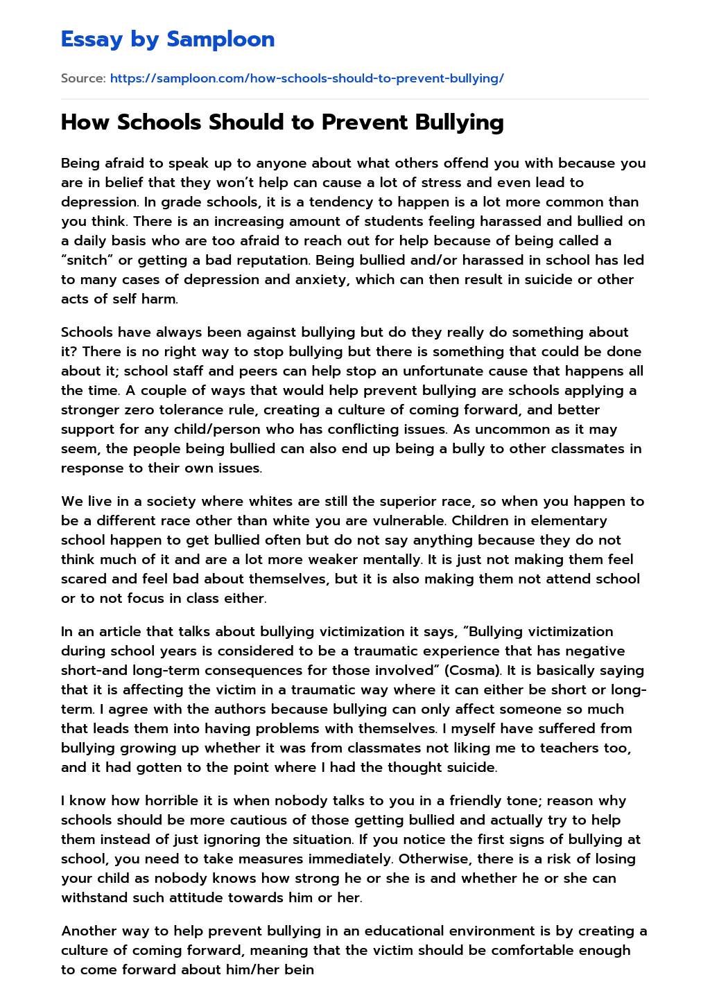 ≫ How Schools Should to Prevent Bullying Free Essay Sample on