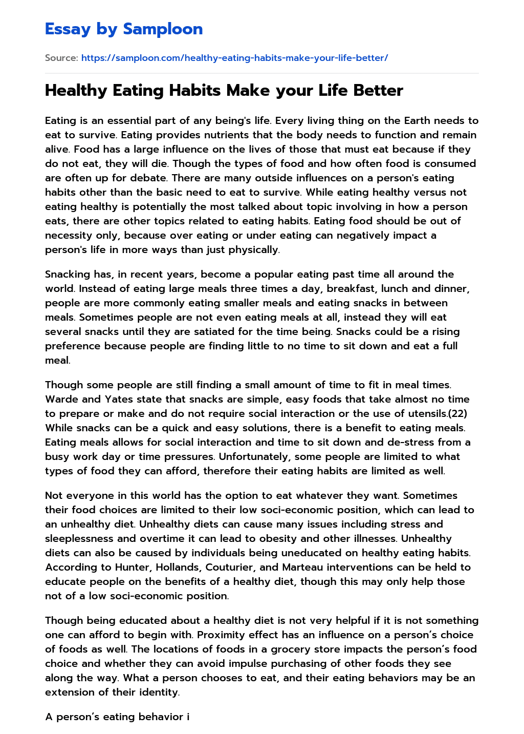 ≫ Healthy Eating Habits Make your Life Better Free Essay Sample on