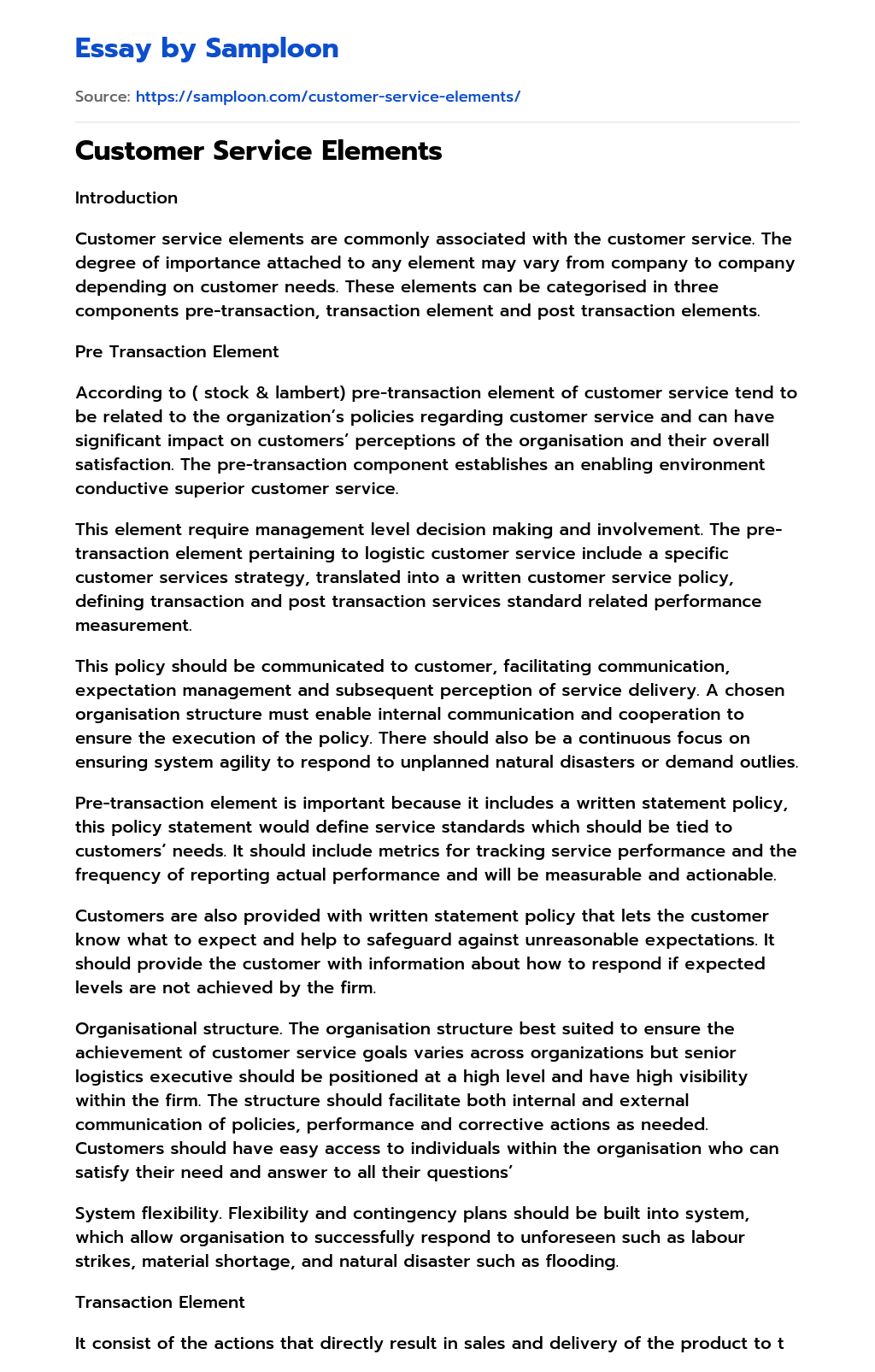 ≫ Customer Service Elements Free Essay Sample on