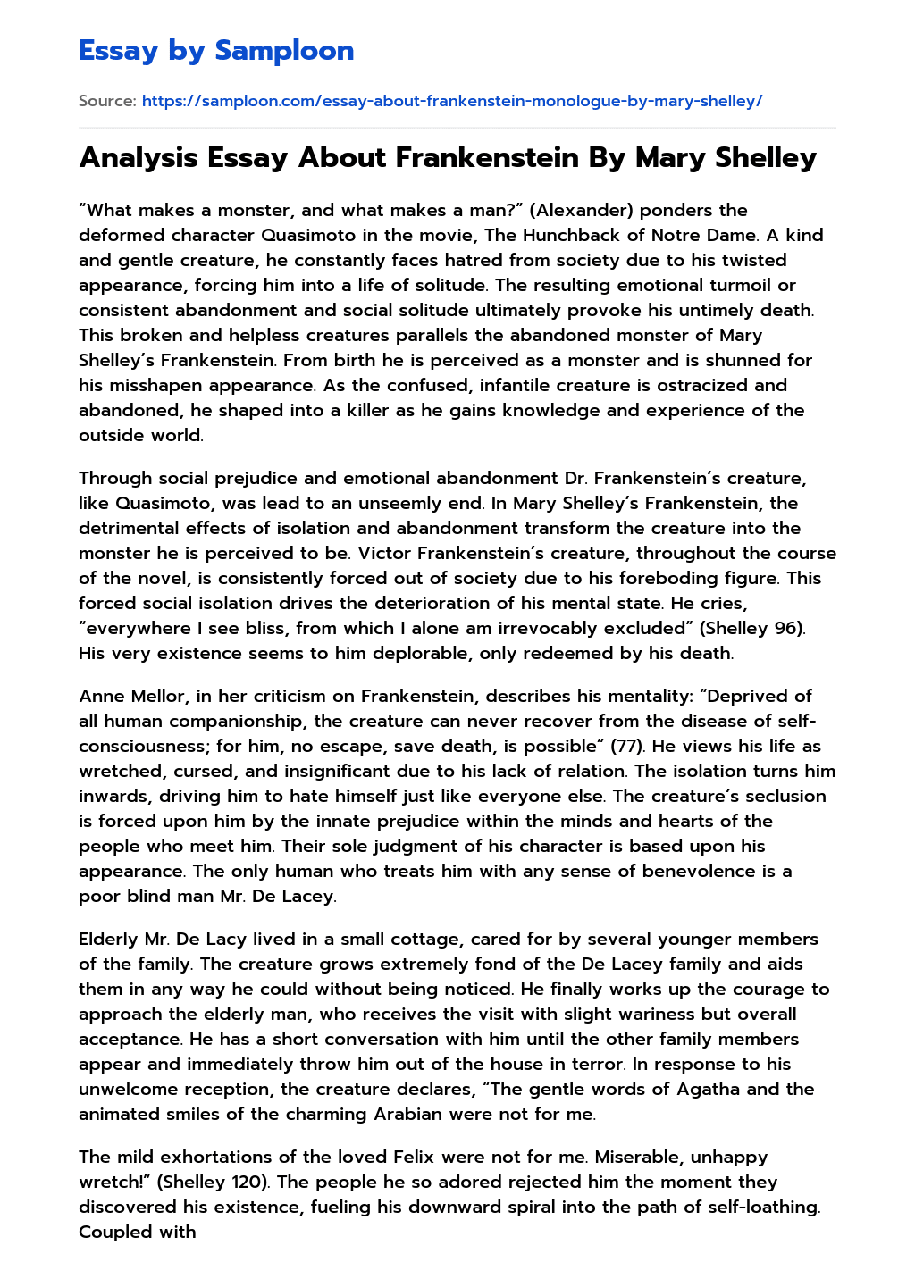 ≫ Analysis Essay About Frankenstein By Mary Shelley Free Essay Sample