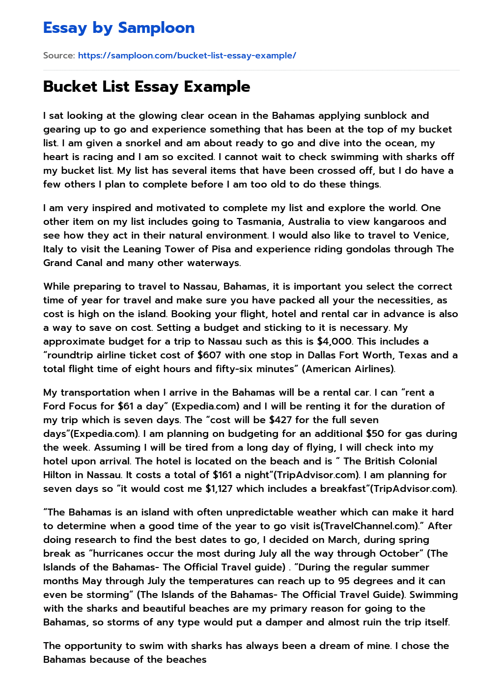 ≫ Bucket List Essay Example Free Essay Sample on