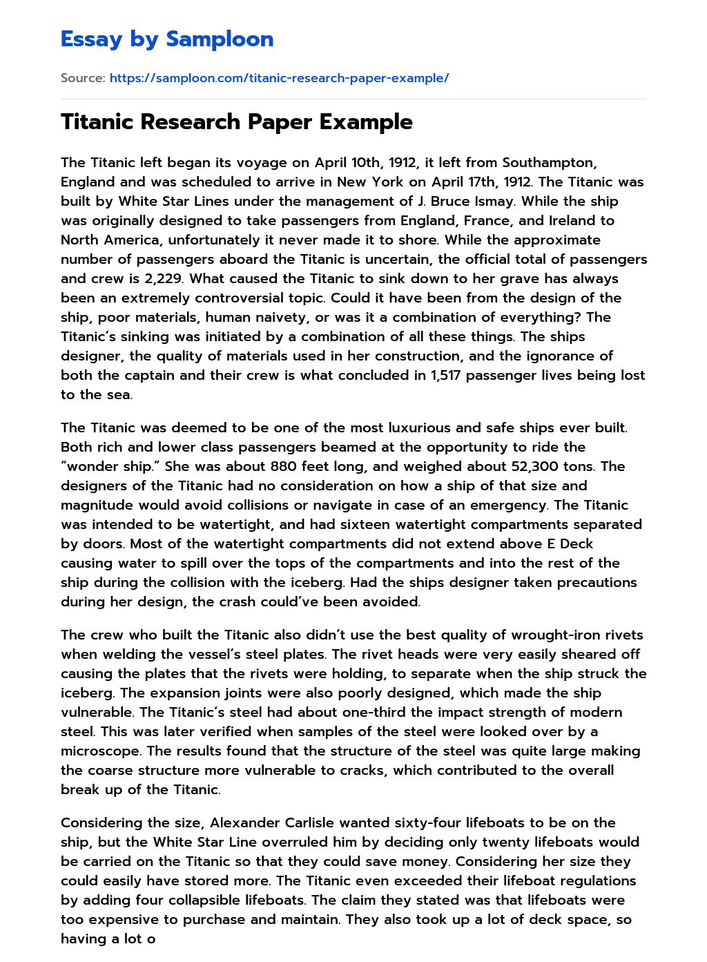 ≫ Titanic Research Paper Example Free Essay Sample on