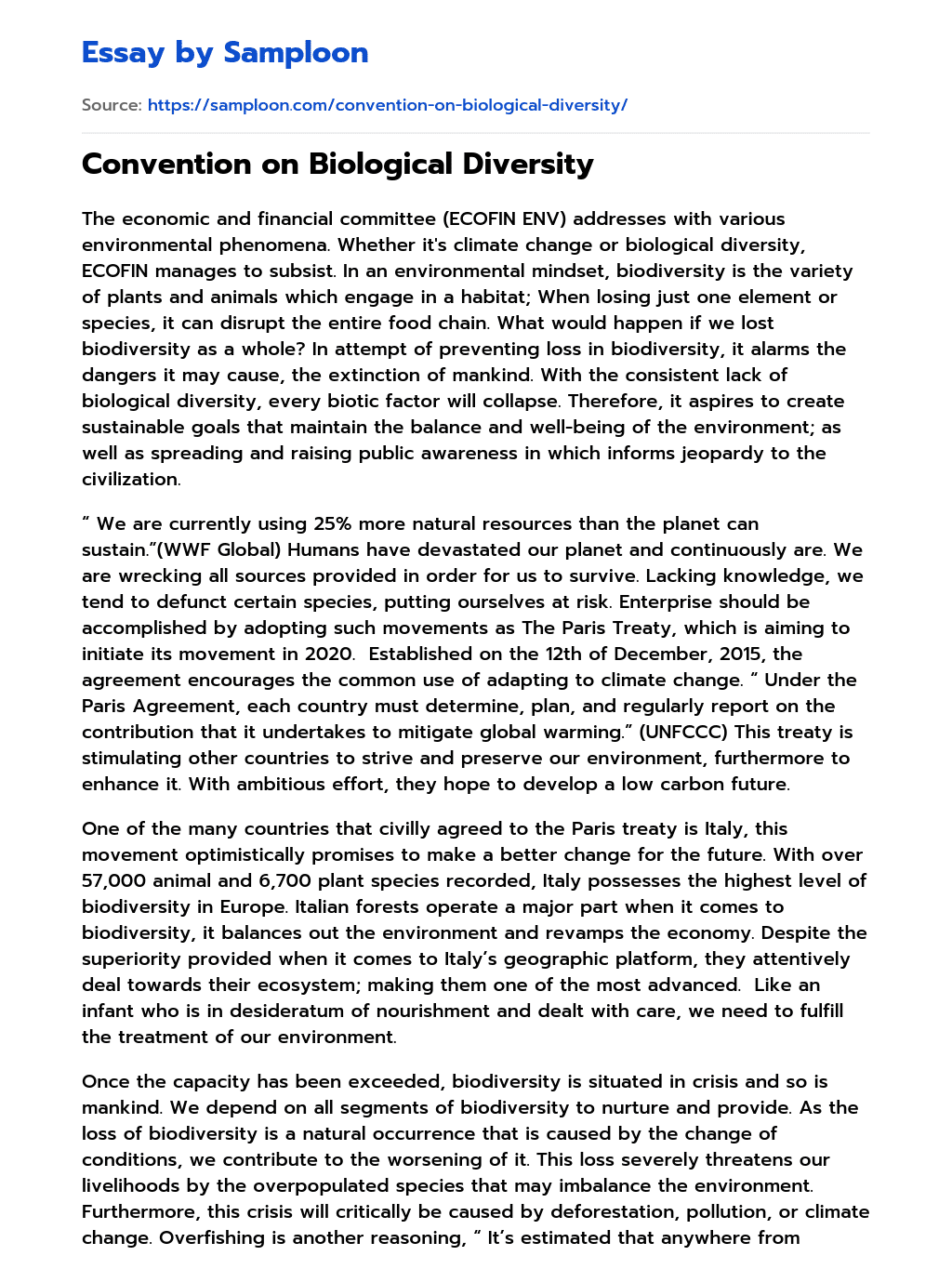 ≫ Convention on Biological Diversity Free Essay Sample on