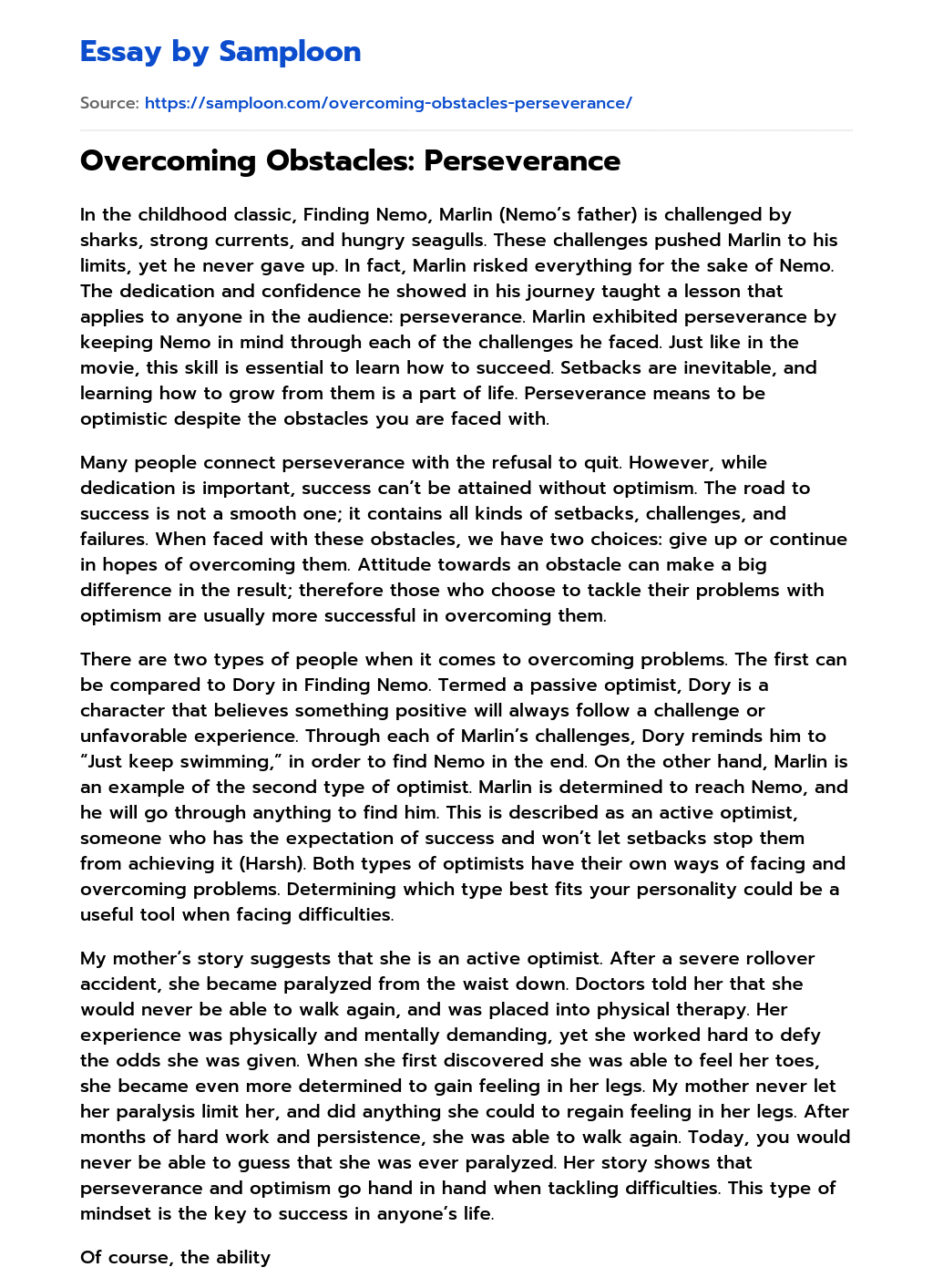 ≫ Obstacles Perseverance Free Essay Sample on