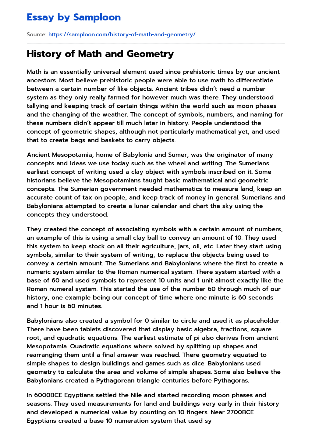 ≫ History of Math and Geometry Free Essay Sample on