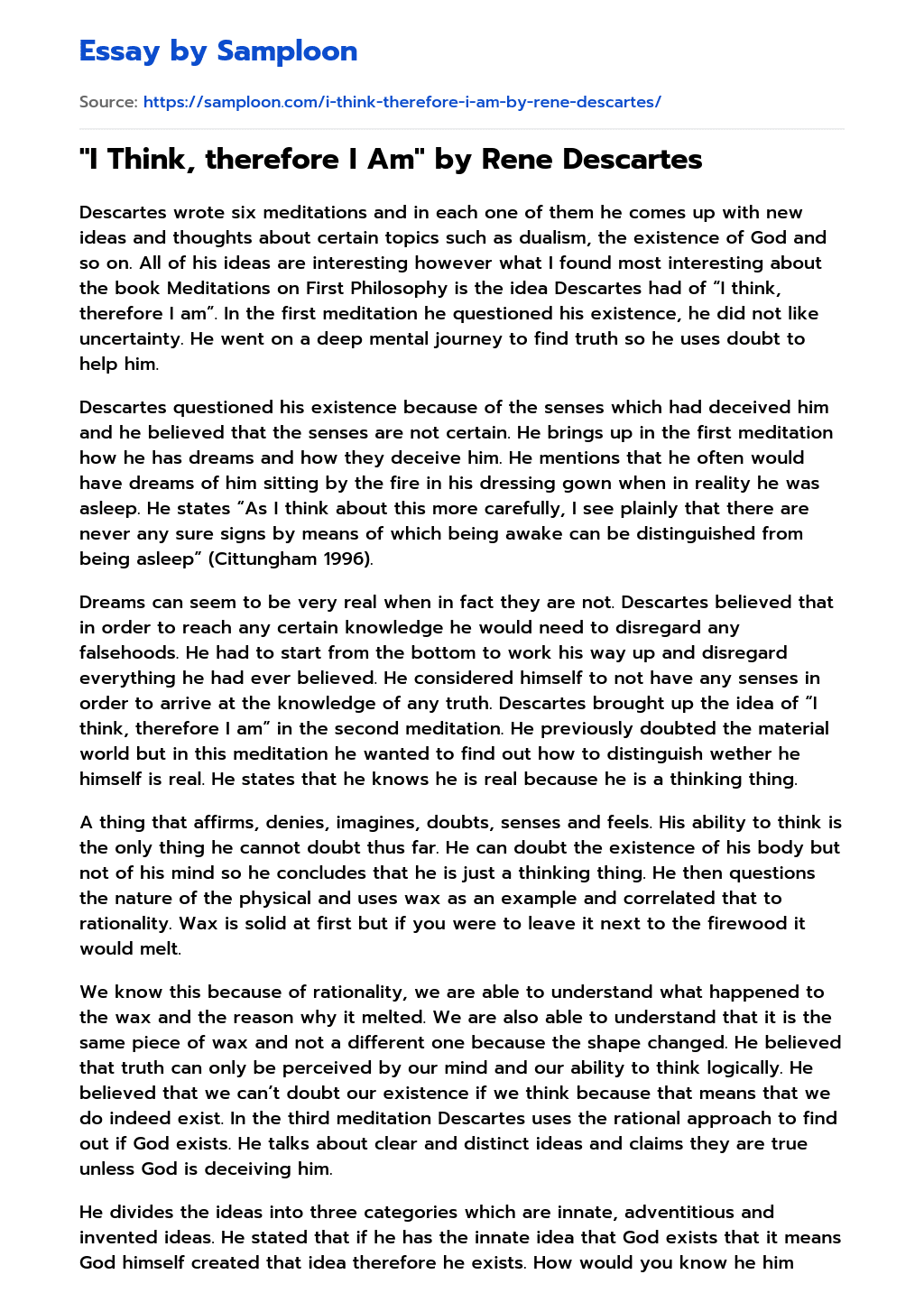 "I Think, therefore I Am" by Rene Descartes Free Essay Sample on
