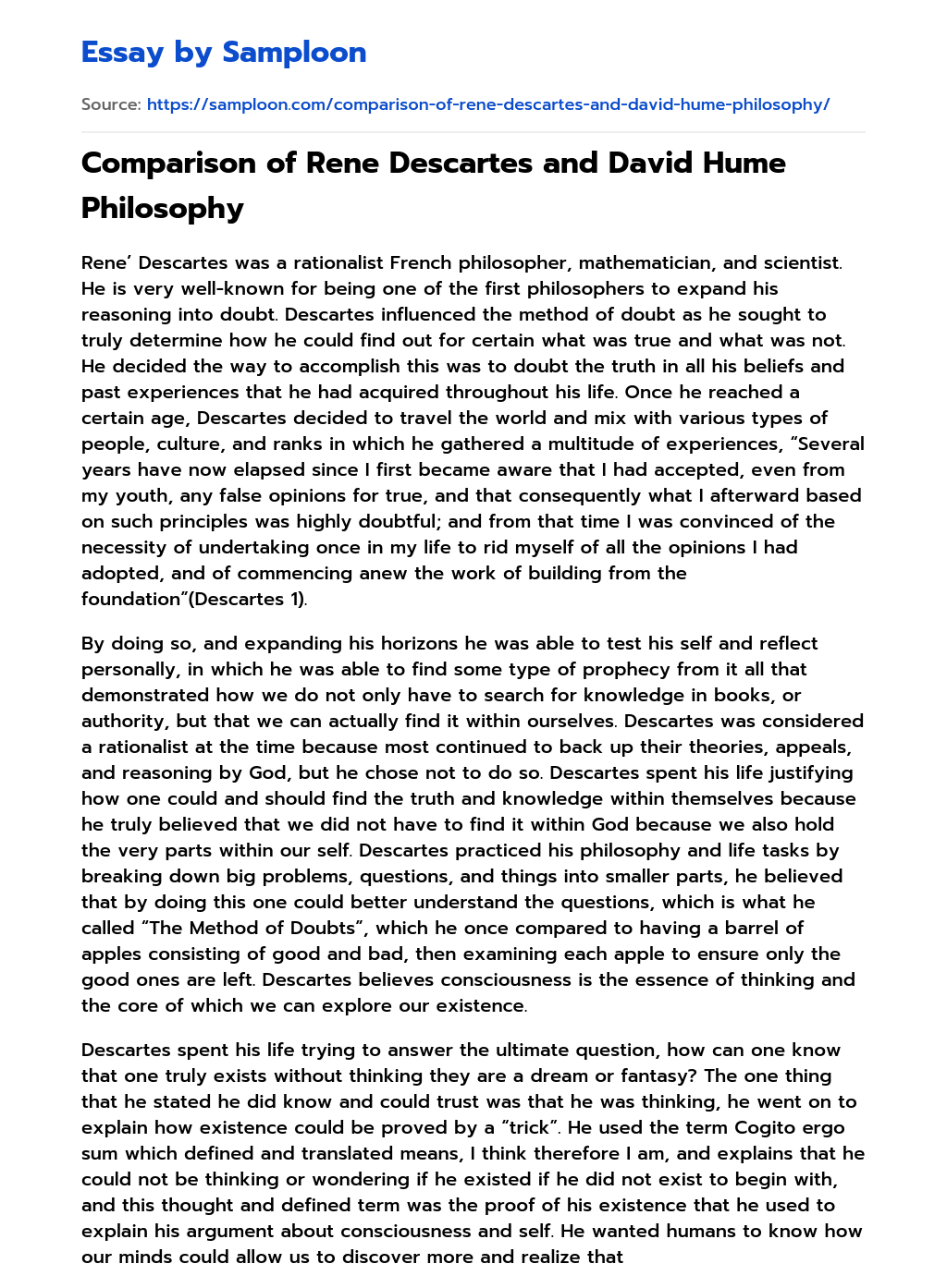 ≫ Comparison of Rene Descartes and David Hume Philosophy Free Essay