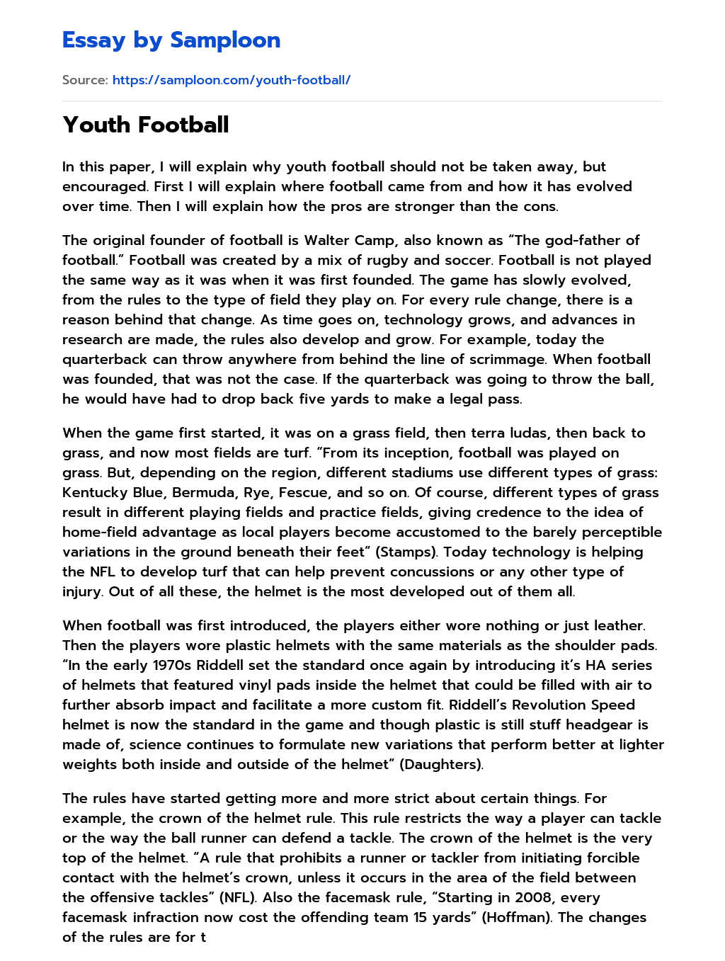 ≫ Youth Football Free Essay Sample on