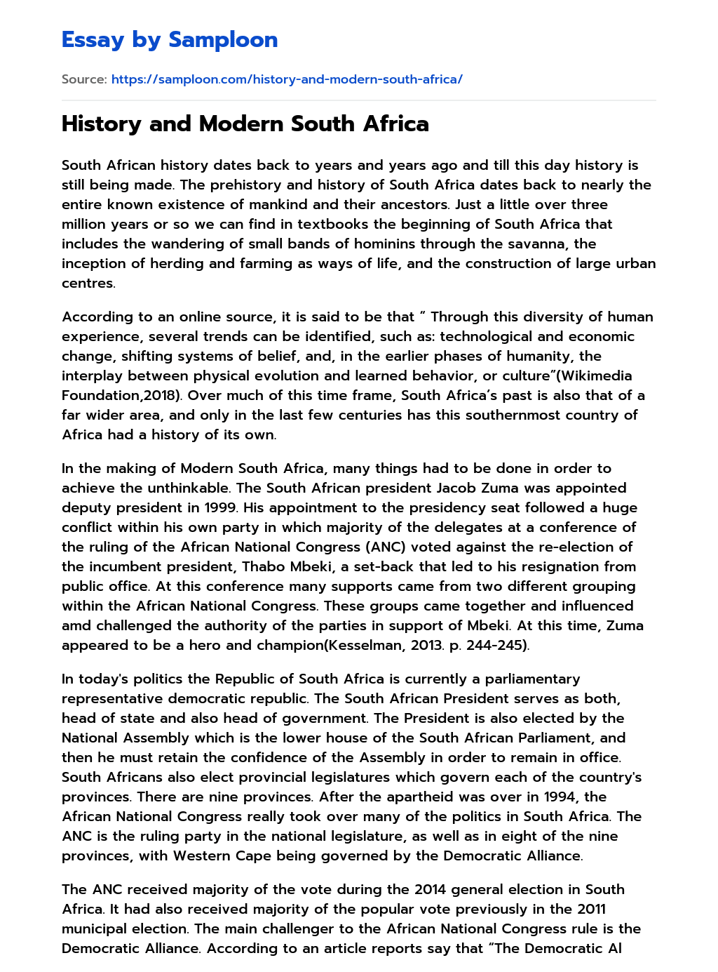 ≫ History and Modern South Africa Free Essay Sample on