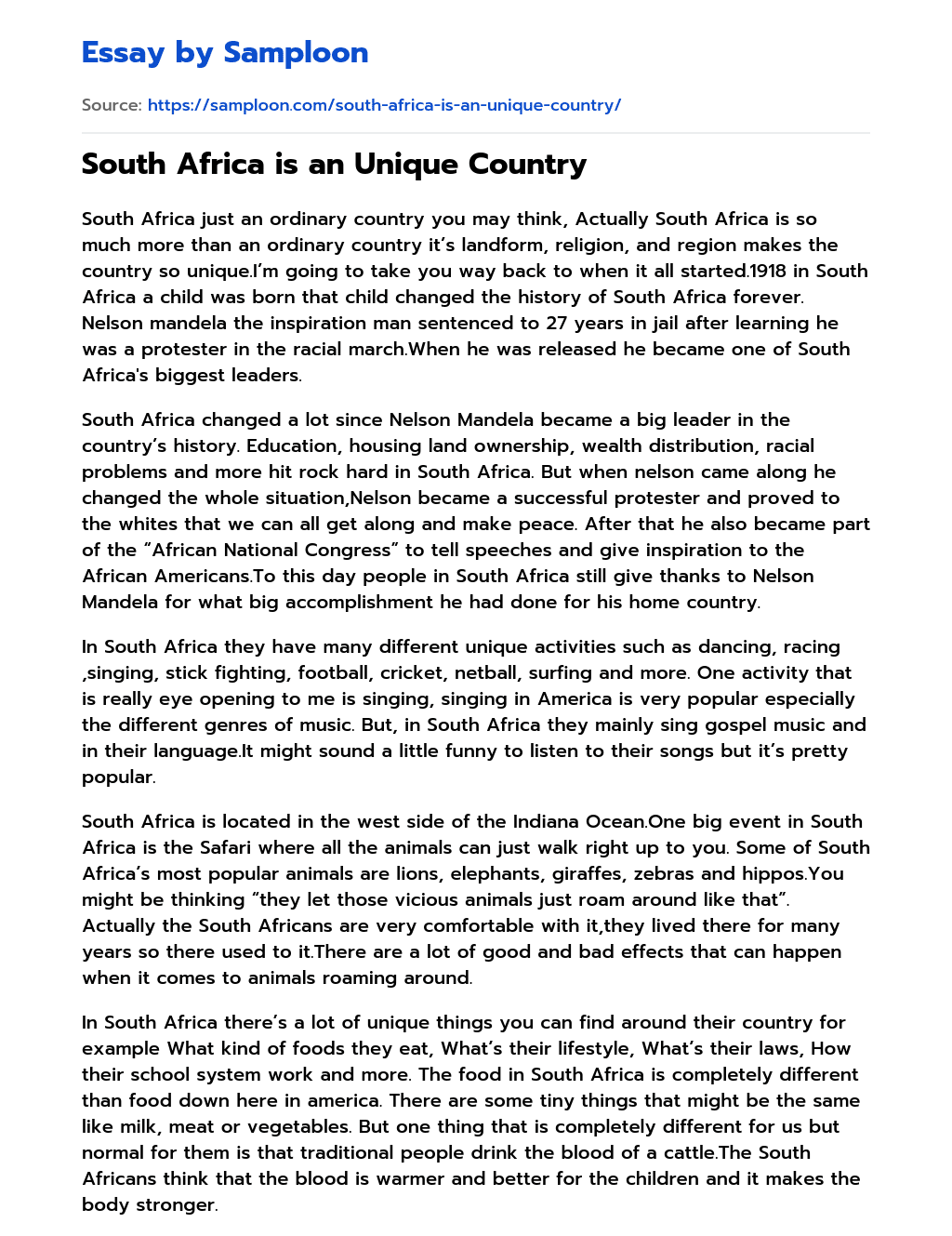 ≫ South Africa is an Unique Country Free Essay Sample on