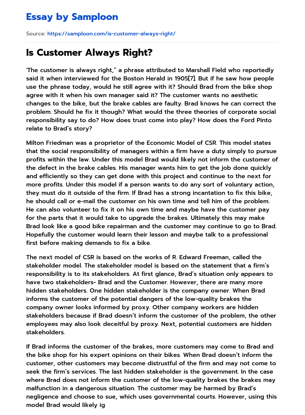 ≫ Is Customer Always Right? Free Essay Sample on