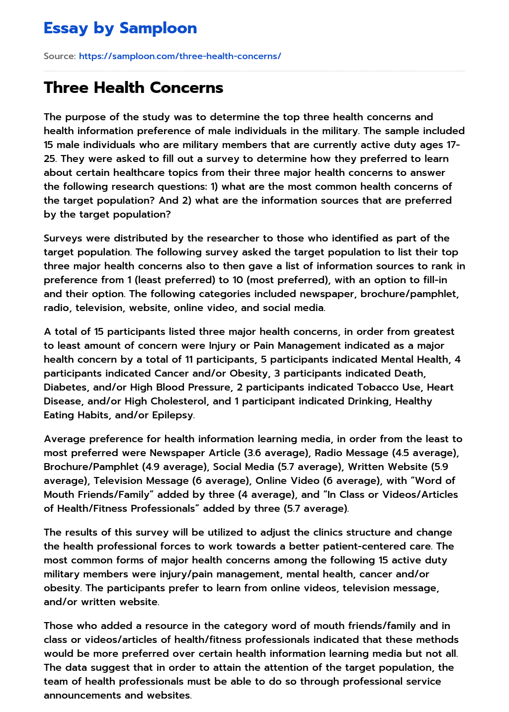 ≫ Three Health Concerns Free Essay Sample on