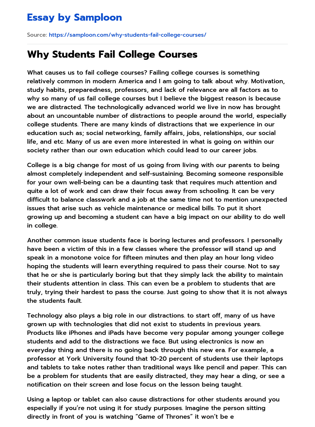 ≫ Why Students Fail College Courses Free Essay Sample on