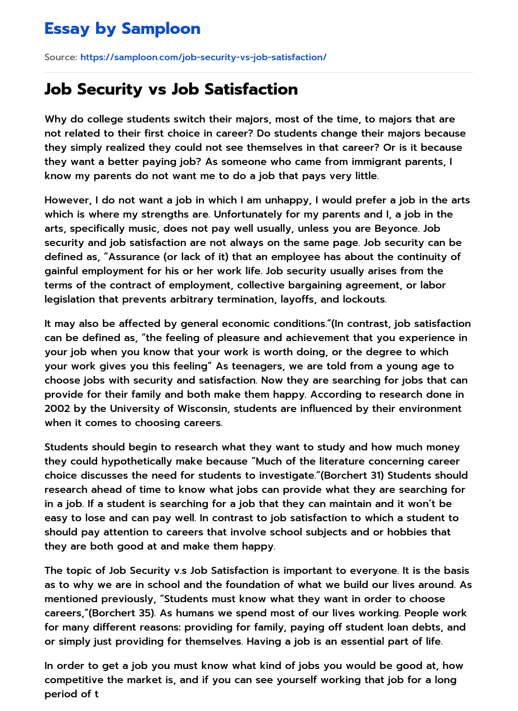 ≫ Job Security vs Job Satisfaction Free Essay Sample on