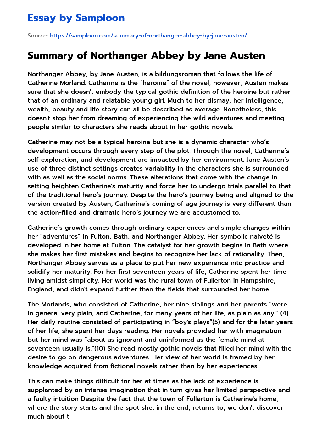 Summary of Northanger Abbey by Jane Austen Analytical Essay on